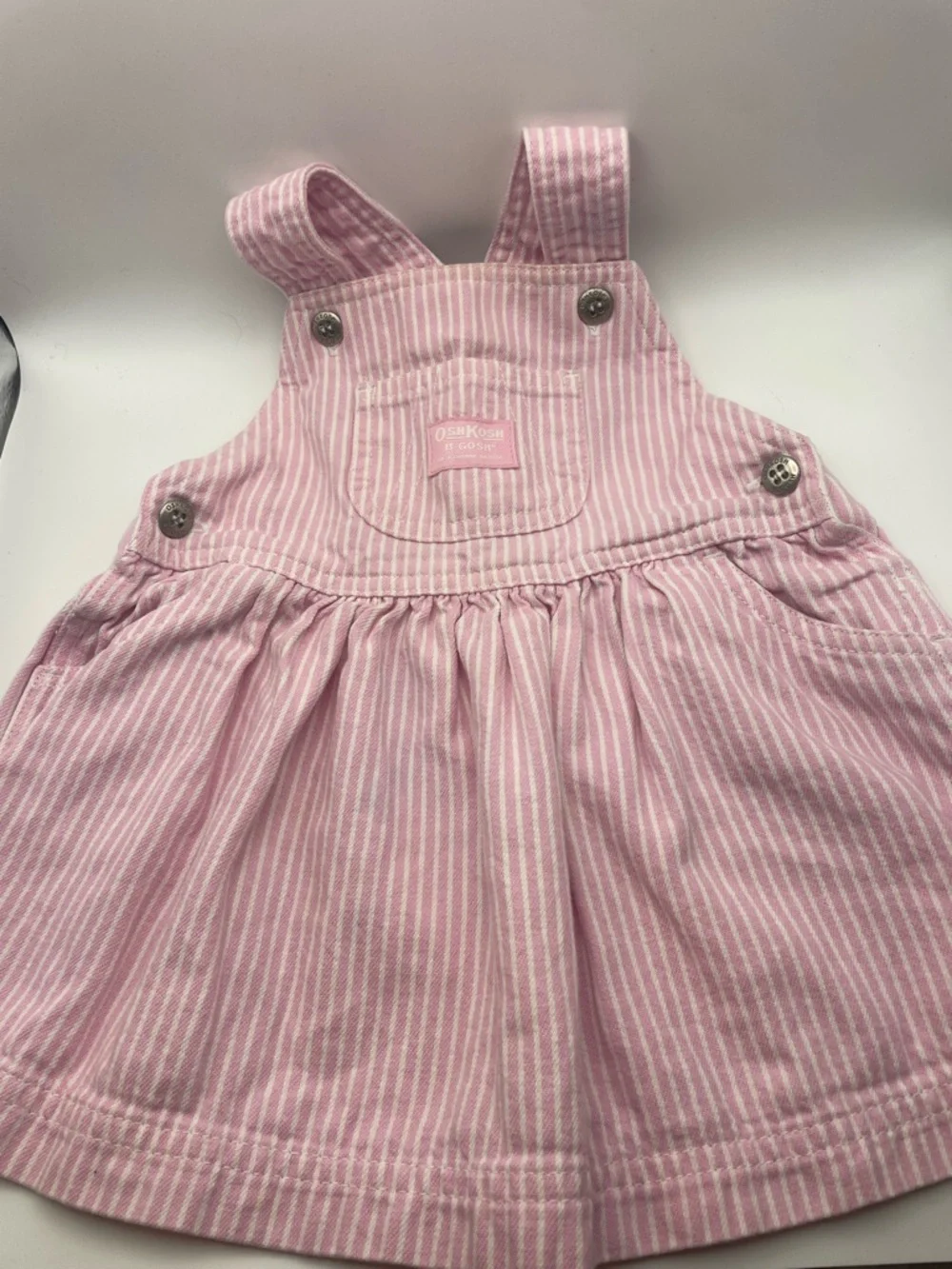 OshKosh B'gosh Pink & White Striped Overall Dress 9 months